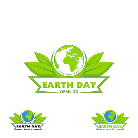 Logo Earth Day. Vector illustration with the words, planets and green leaves.のイラスト素材