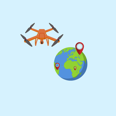 The drone near the globe and the lighthouses indicating the location of the position. Flat design. Vector Illustrationのイラスト素材