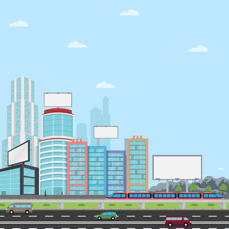 Many blank urban billboards with for your advertising standing over city street skyscrapers buildings.のイラスト素材