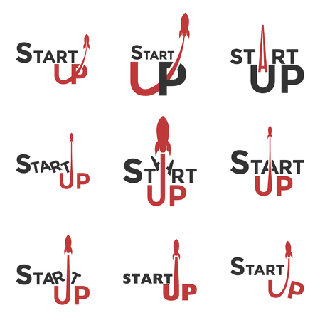 Startup logo. Logo set for commencement of business. The red rocket takes off. Beginning of work ideas. Vector illustration.のイラスト素材