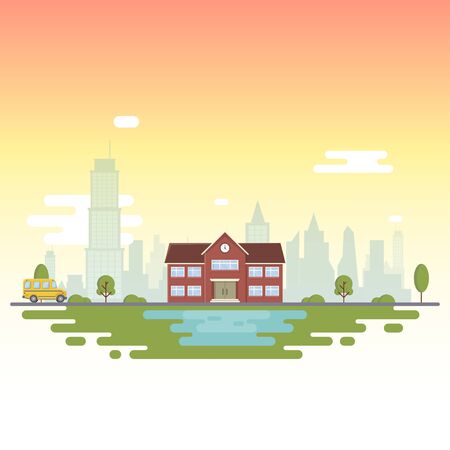 School near the lake, against the backdrop of the city. Vector Illustrationのイラスト素材
