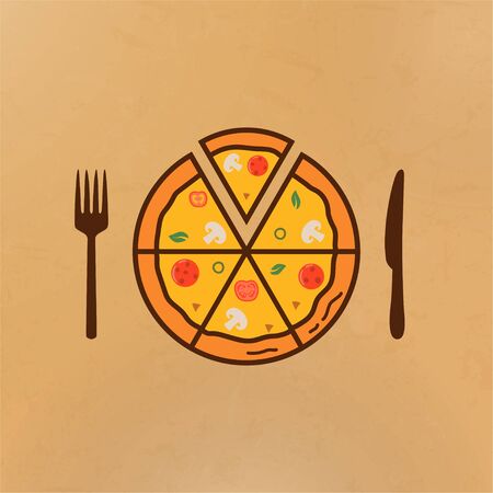 Illustration of pizza and near it a knife and fork. Vector illustrationのイラスト素材