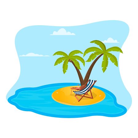 Illustration of an island on it palm trees a deck chair and a cocktail. Vector illustration.のイラスト素材