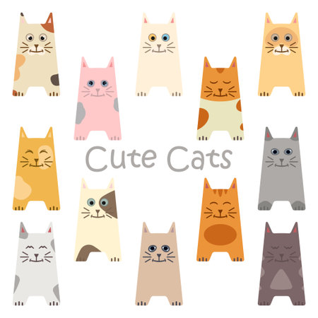 Set of cartoon cute cats. 12 cute cats.のイラスト素材