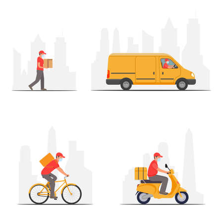 Set delivery service. Man riding a bicycle, car, scooter.のイラスト素材