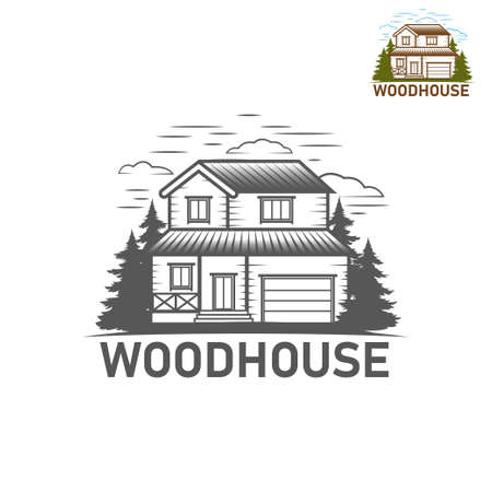 Logo wood house and forest. House for sale sign.のイラスト素材
