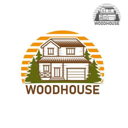 Logo wood house and forest. House for sale sign.のイラスト素材