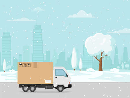 Home delivery. delivery truck on the landscape winter city.のイラスト素材
