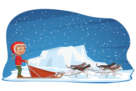 Dog sled. People with dogs, skating in the snow.のイラスト素材