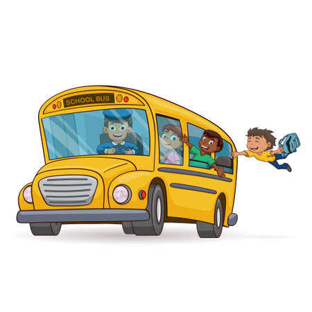 Funny school bus. Kids riding on school bus.のイラスト素材