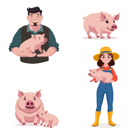 Set of farmers taking care of piglets.のイラスト素材