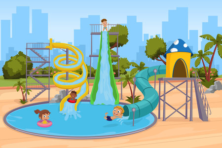 Kids playing on colorful water slides at aqua parkのイラスト素材