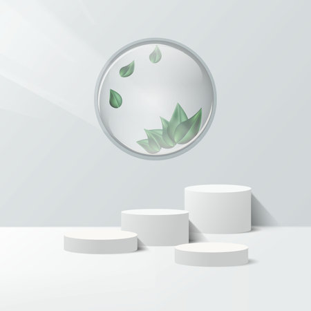 Display product podium. 3D realistic white cylinder shape platform with green leaf decoration. You can use for show cosmetic products, stage showcase, mockup. Vectorのイラスト素材