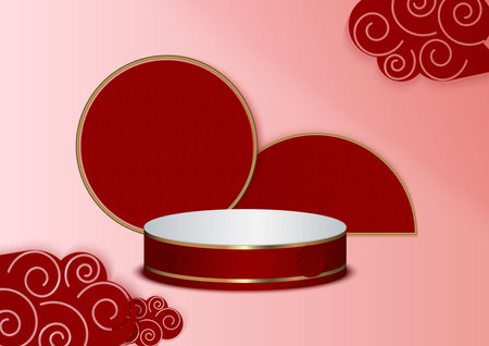 Display product podium scene. Abstract 3D product background light dark red rendering with circle wall scene. Stage for product, showcase. Happy chainese new year. Vector illustrationのイラスト素材