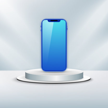 3D blue mobile phone mockup on silver podium overlapping. Display product podium scene. Vector illustrationのイラスト素材