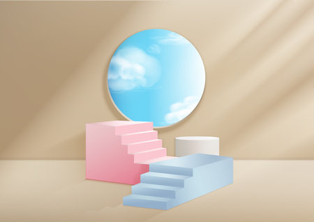 Display product silver pedestal was in the room with a backdrop of the sky outside the window and stairs. Vector illustrationのイラスト素材