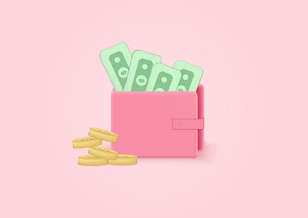 3d wallet, dollar bill and stack coins, on soft pink pastel background. Shopping online, sale, promotion, discount. Minimal cartoon icon. Vector illustrationのイラスト素材