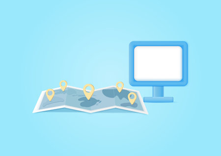 3D trip planning travel concept, computer, tourism, pin map. Pastel background. Minimal cartoon icon. Vector illustrationのイラスト素材