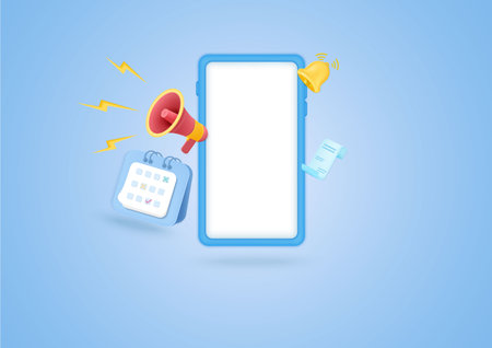 3d Phone with Megaphone, smartphone icons, calender, invoice, Business marketing concept. Cartoon icon isolated on pastel background. vector illustration.のイラスト素材