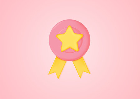 3D Winner medal with ribbon. Success on pastel background. Investment marketing. Premium quality, quality guarantee symbol. Minimal cartoon icon. Vector illustrationのイラスト素材