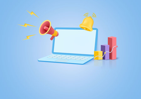 3d Laptop with business management app. Online news and work.  notebook with data analysis for business finance investment . with Announcement on social networks. Computer with megaphoner and bell. Cartoon icon on background color pastel. vector illustrationのイラスト素材