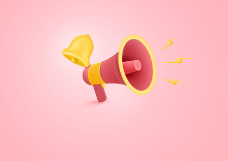 3D Cartoon Megaphone with Bell notification. Online news and loudspeaker.concept of notification message, Social media promotion.  Marketing time concept isolated on pastel background. 3d rendering. Vector illustrationのイラスト素材