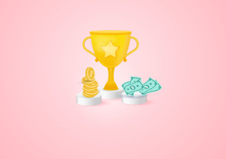 3d winners offer out trophies golden cup and dollars money. Awards for business success, investment, marketing, target center Awards ceremony on the podium silver color, cartoon style. on a pastel background.Minimal cartoon icon. Vector illustration.のイラスト素材