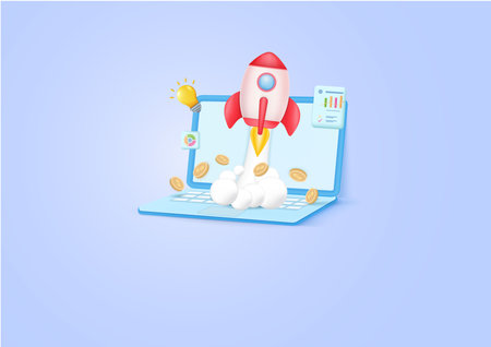 Business startup concept. on laptop Launching rocket 3d cartoon design. and modern technology concept. 3d render illustrationのイラスト素材