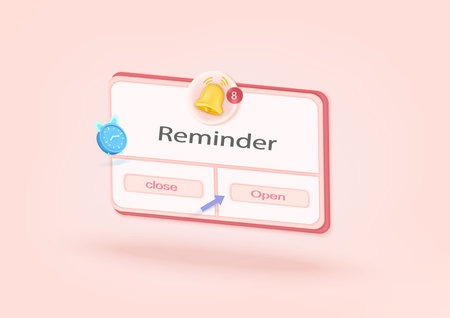 Reminder 3d illustration. Alert for business planning; events; reminder with clock timetable. 3d vector bell render illustration.のイラスト素材