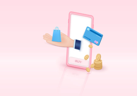 Online shopping 3d vector illustration. icon online payment and credit card or cash pass mobile smart phone. financial security on mobile 3d e commerce.のイラスト素材
