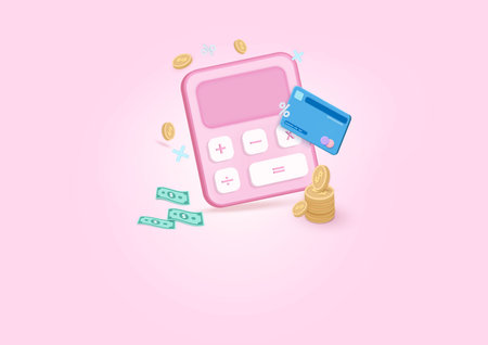Calculator 3d icon render concept of financial management. online payment with Credit or debit card. financial risk planning, 3d render illustration.のイラスト素材