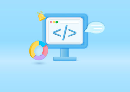 Laptop screen with icon modern software development concept. on icon bell notification new message on social media. cartoon minimal. 3d render illustrationのイラスト素材