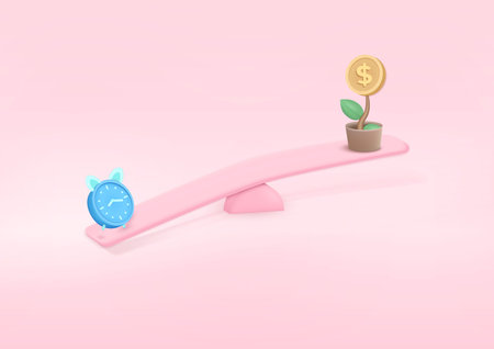 Alarm clock and 3d money tree plant with coin icon. on weighing scales, concept of finance, money exchange rates with time, trendy style. 3d render illustrationのイラスト素材