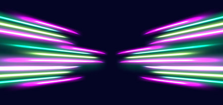 Pink and green glowing beam diagonal on dark blue background. Hi-speed racer car blue motion concept. Vector illustrationのイラスト素材