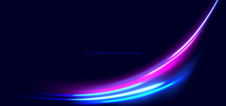 Blue and pink curved neon beams on dark blue background. High speed motion moving concept. Vector illustrationのイラスト素材