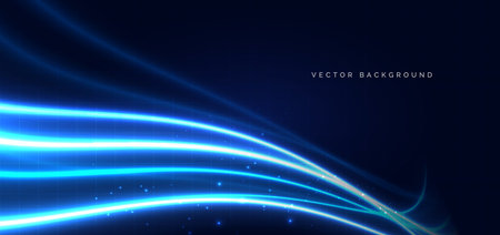 Blue light glowing  curved rays on dark background. Futuristic speed line, techology wireless data communication concept. Vector illustrationのイラスト素材