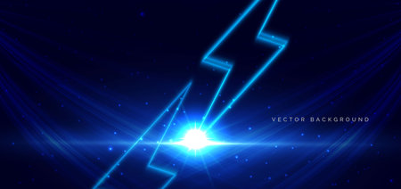 Thunder icon blue beam glowing with lighting effect sparkle on dark blue background. Vector...