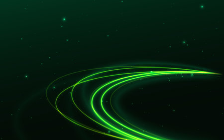 Green neon curve ray overlapping with sparkling on dark green background. Speed hi tech movement concept. Vector illustrationのイラスト素材