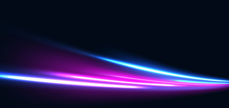 Blue and pink curved neon beams on dark blue background. Technology light concept. Vector illustrationのイラスト素材