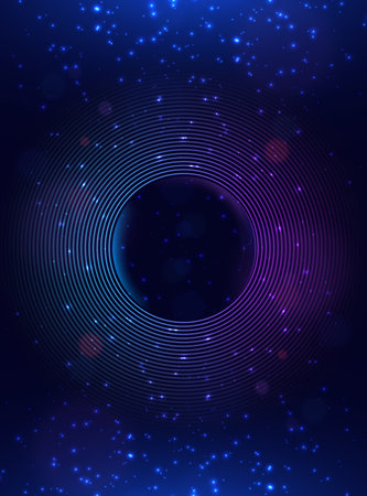 Futuristic blue and purple circle lines with lighting effect sparkle on dark background. Poster for product design concept. Vector illustrationのイラスト素材