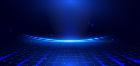 Scene blue light grid glowing on dark background. Technoloby data network connection concept. Vector illustrationのイラスト素材