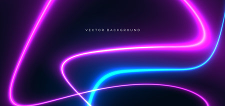 Blue and pink neon curve ray glowing on dark background. Technology futuristic lighting effect concept. Vector illustrationのイラスト素材