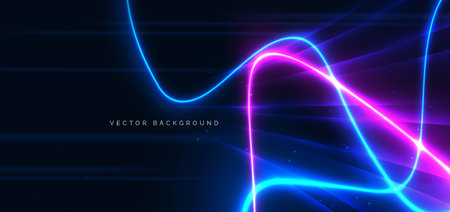 Blue and pink neon wave lines glowing on dark background. Technology futuristic lighting effect concept. Vector illustrationのイラスト素材