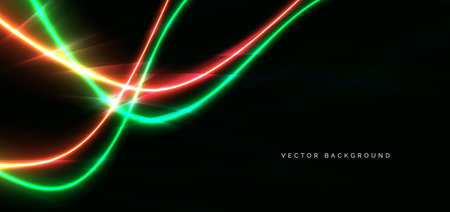 Red and green neon wave lines glowing on dark background. Technology futuristic lighting effect concept. Vector illustrationのイラスト素材
