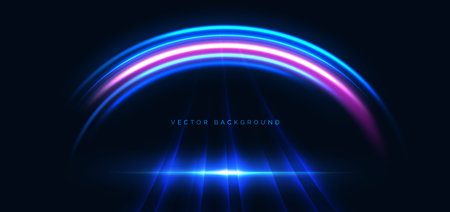 Blue and pink curved rays glowing on dark background. Speed motion moving concept. Vector illustrationのイラスト素材