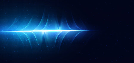 Futuristic abstract technology background featuring glowing digital sound wave spectrum formed by...