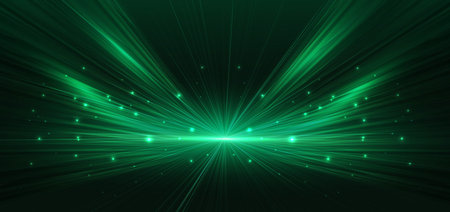 Futuristic abstract background featuring a bright green light burst radiating glowing rays from the center across a dark green space. Vectorのイラスト素材