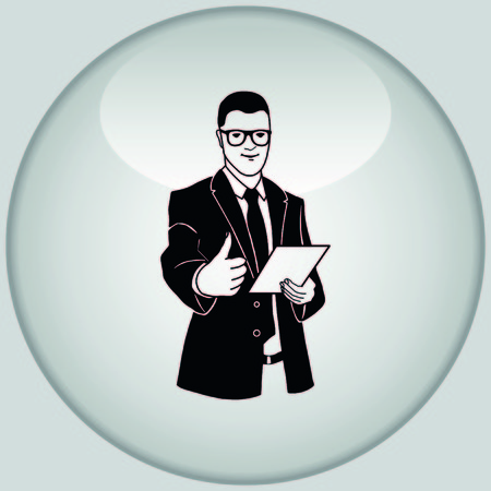 A successful leader. Illustration of businessman. Man in suit shows a sign Thumb Up. Vector illustration.のイラスト素材