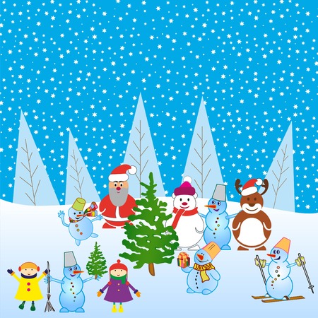 Snowman, vector illustration. Flat design style. Christmas card.のイラスト素材