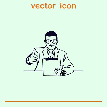 A successful leader. Illustration of businessman. Man in suit shows a sign Thumb Up. Vector illustration.のイラスト素材